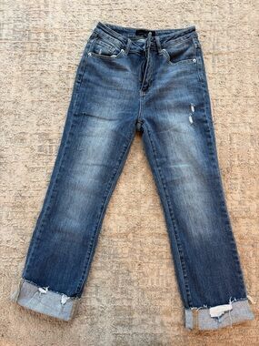 Risen Brand Mid Wash Distressed Straight Jeans - Blue